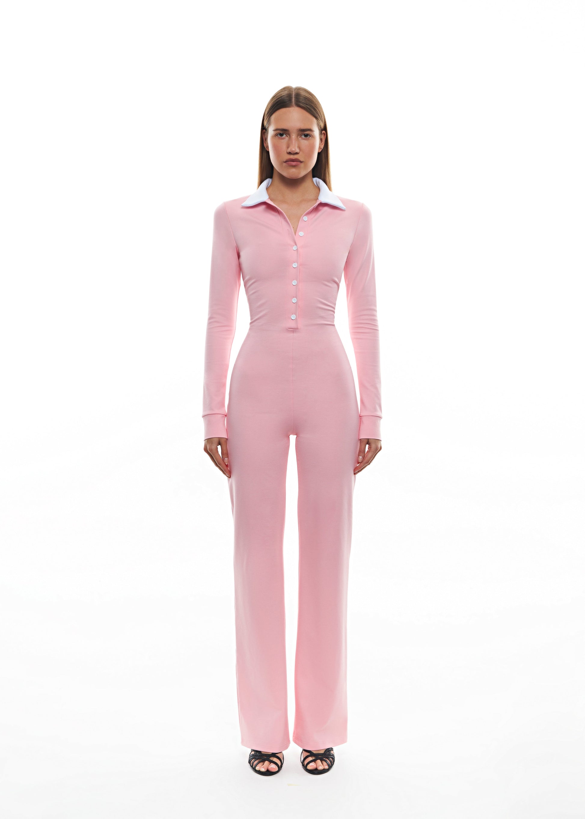 Pink jumpsuit with white collar and straight-leg silhouette