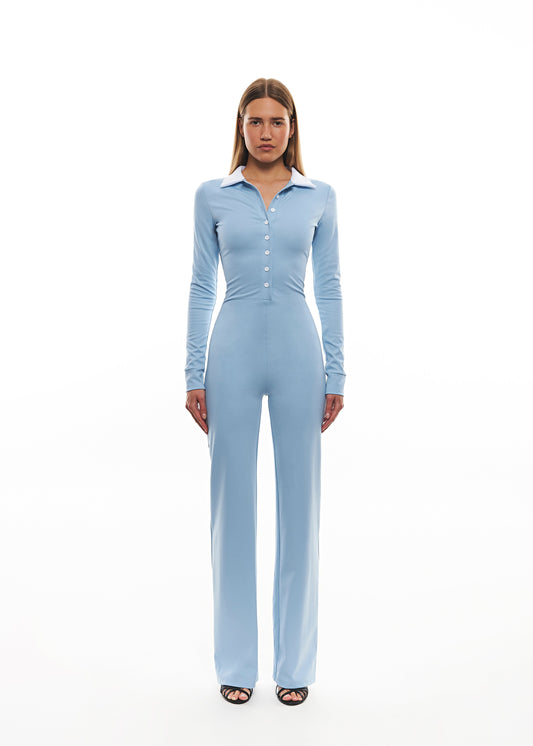 Light blue jumpsuit with white collar and straight-leg silhouette