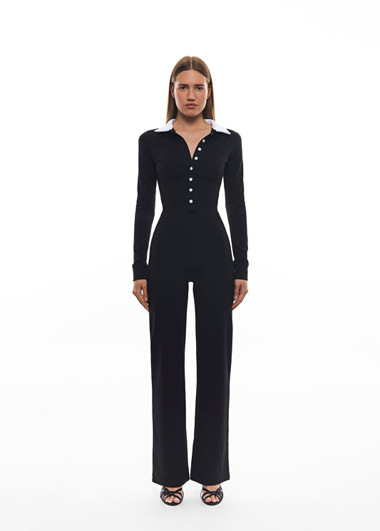 LILY jumpsuit with contrast collar and accent buttons