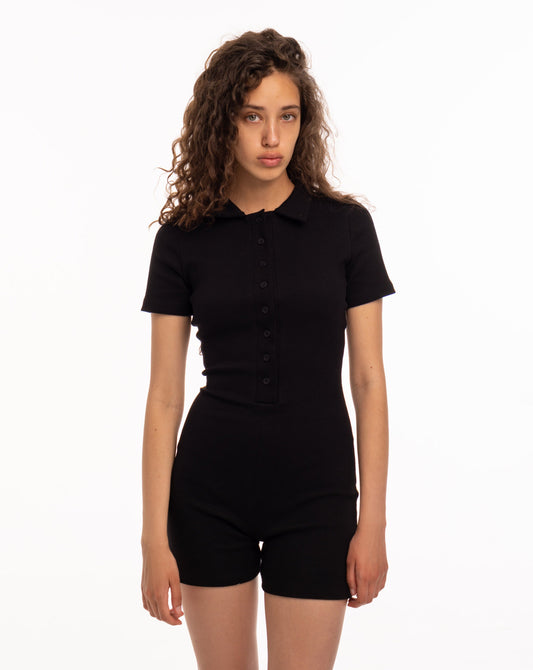 Black short jumpsuit with buttons and collar