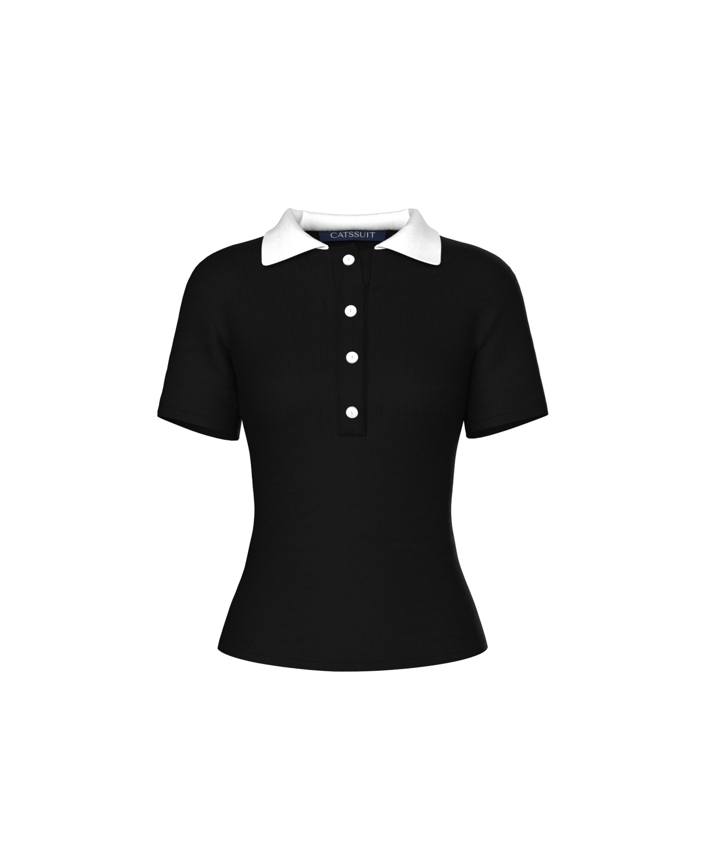 Black polo top with white collar and button placket