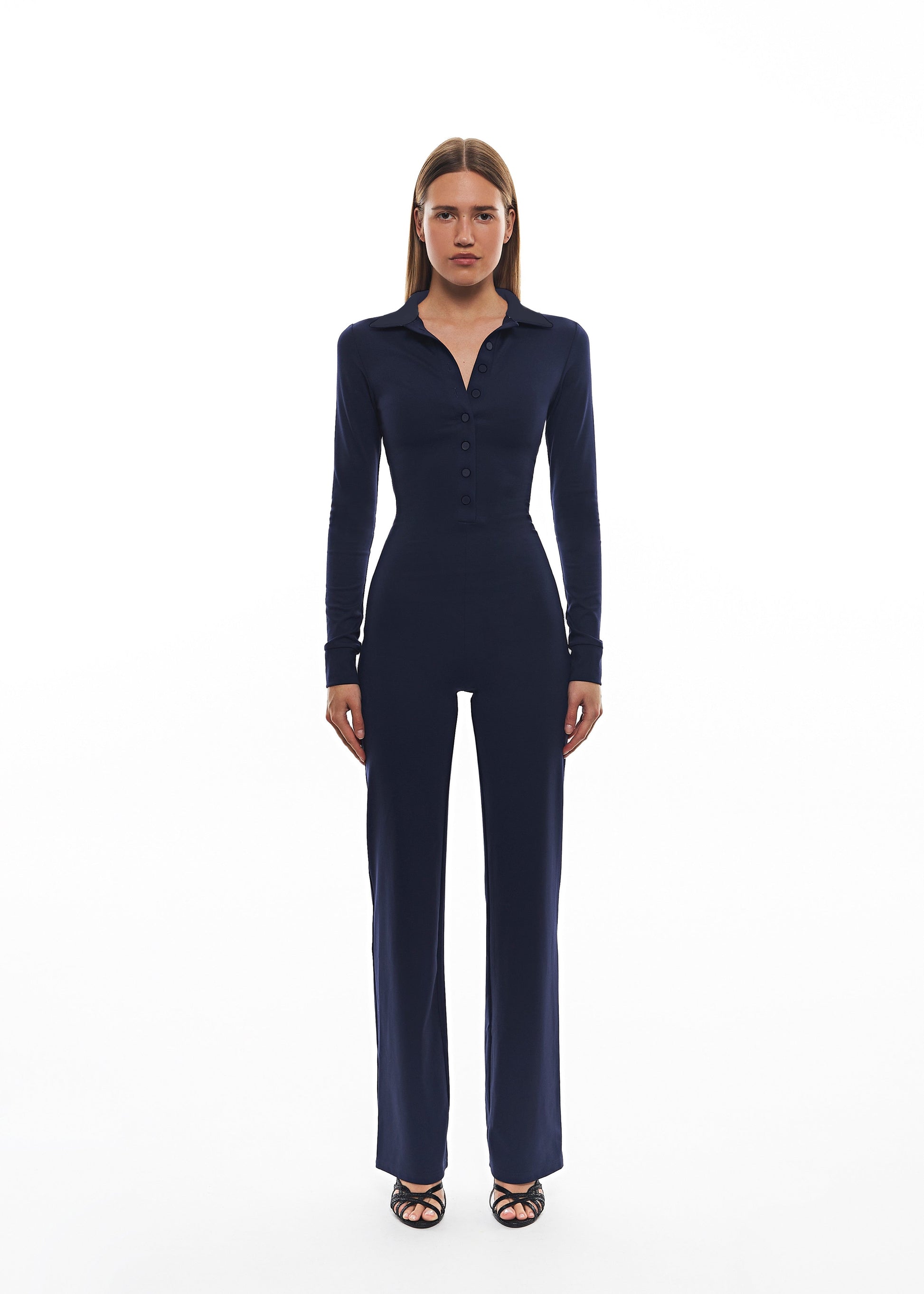 Navy tailored jumpsuit with straight-leg silhouette