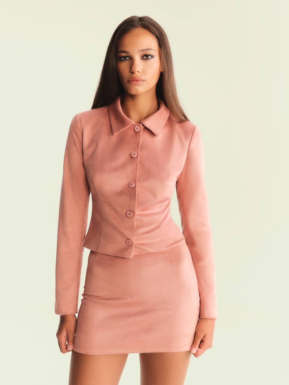 Pink suede-finish tailored jacket with fitted silhouette