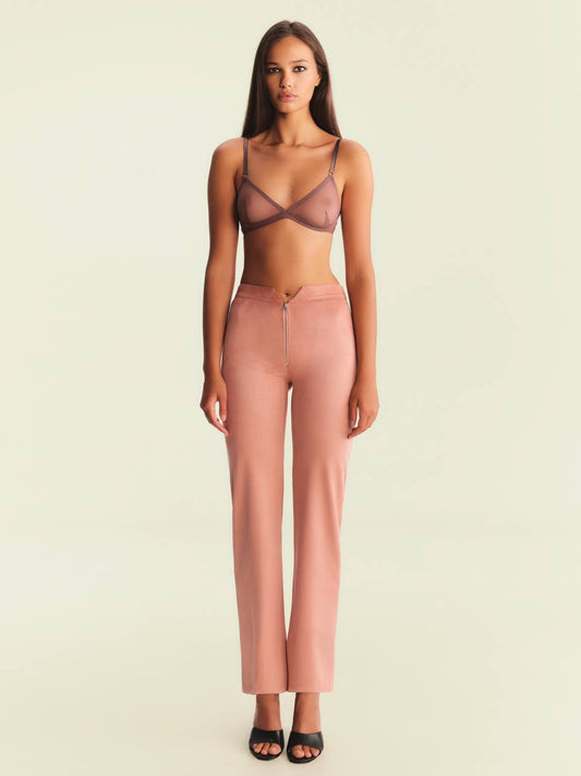 Pink suede-finish pants with soft texture